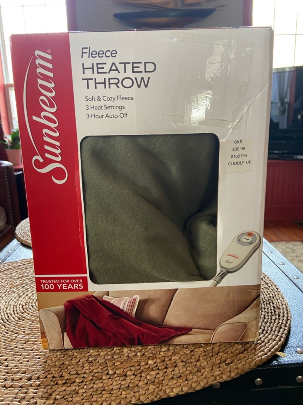 Sunbeam Olive Green Fleece Heated Throw Blanket